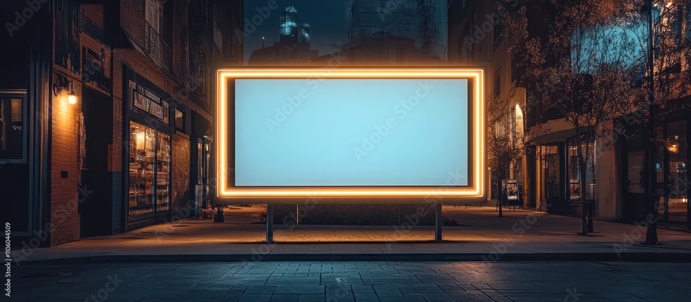 A blank billboard sign with yellow neon lights, stands in a city street at night, ready for your message. A blank billboard sign with yellow neon lights, stands in a city street at night, ready for your message.