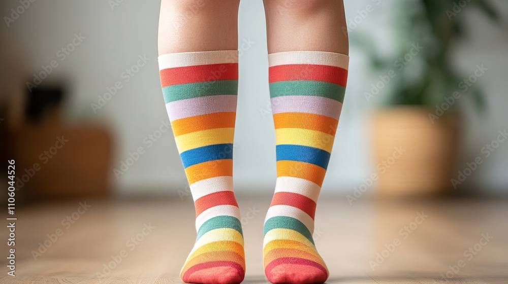 A child's legs wearing colorful striped knee-high socks, showcasing a playful and cheerful vibe, perfect for a fun indoor setting. A child's legs wearing colorful striped knee-high socks, showcasing a playful and cheerful vibe, perfect for a fun indoor setting.