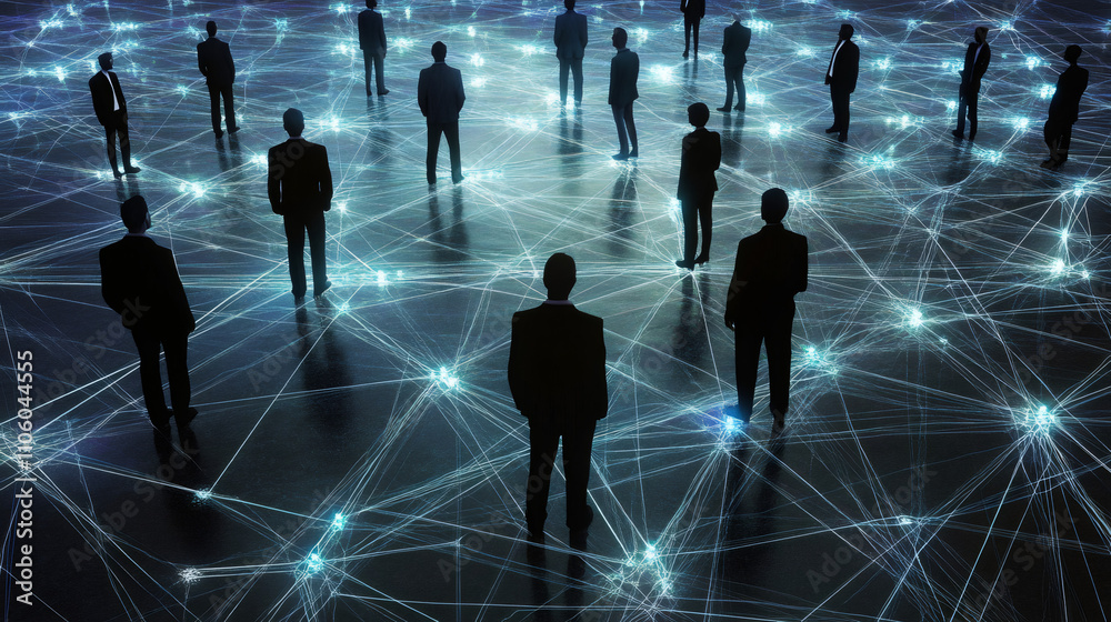 Silhouettes of businessmen standing on a network grid visualization, engaging in virtual communication Silhouettes of businessmen standing on a network grid visualization, engaging in virtual communication