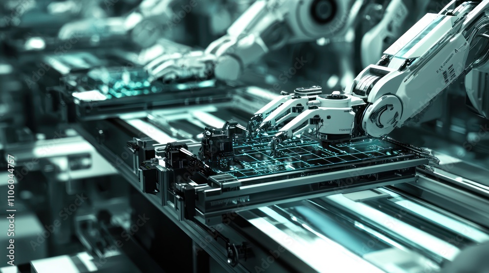 Fototapeta premium A close-up of an automated assembly line powered by artificial intelligence, showcasing efficiency