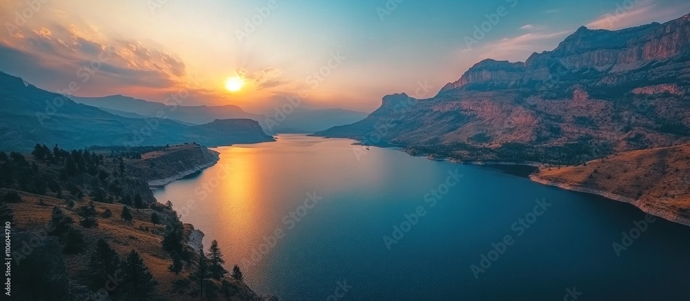 A serene lake nestled between mountains, bathed in the golden glow of a setting sun. A serene lake nestled between mountains, bathed in the golden glow of a setting sun.