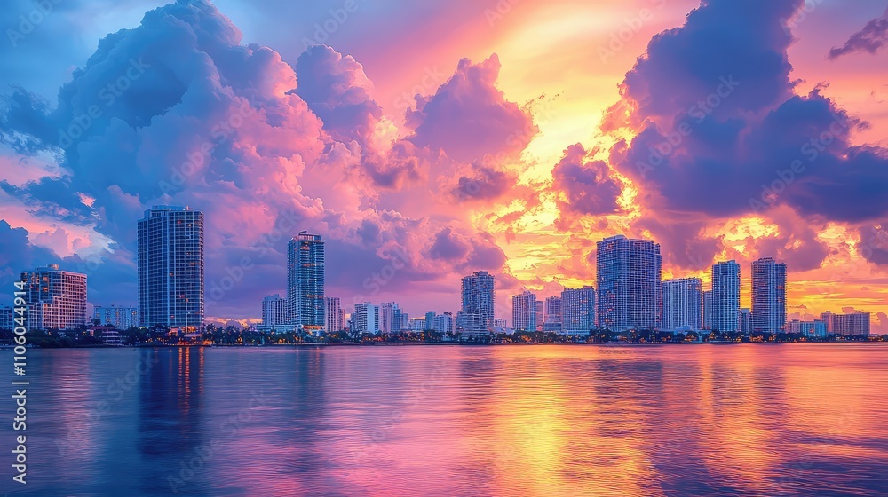 Captivating Composite of a Vibrant City Skyline Blending into a Dramatic Sunset Over Water, Showcasing Reflections and Cloud Patterns