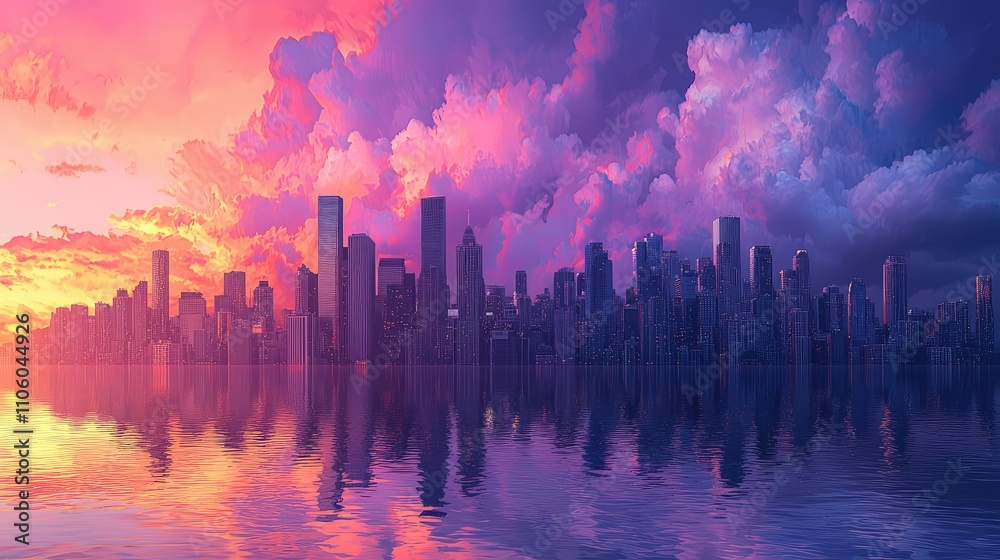 Vibrant Composite of a City Skyline Blending into a Stunning Sunset, Capturing the Colorful Reflections on Water with Dramatic Cloud Formation Vibrant Composite of a City Skyline Blending into a Stunning Sunset, Capturing the Colorful Reflections on Water with Dramatic Cloud Formation