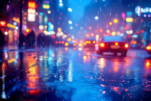 Vibrant city lights reflecting on wet streets during a rainy night, creating a magical urban ambiance.