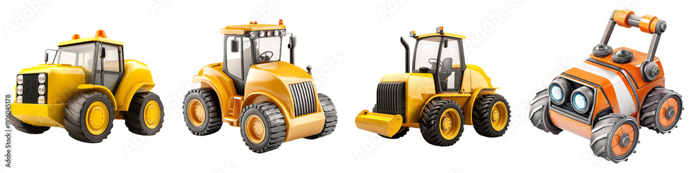 Fototapeta premium construction equipment concept. A collection of cartoon-style construction vehicles, including diggers, tractors, and a small robotic machine, all designed in bright yellow and orange colors. on Trans