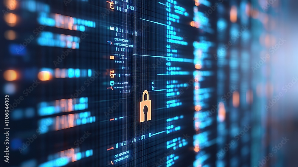 Abstract digital security concept.  A close-up view of a futuristic data wall with a highlighted lock symbol, implying data protection, security, and encryption.
