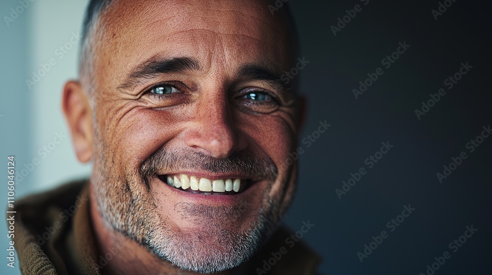 A close-up portrait of a man with a radiant smile, emphasizing warmth and friendliness A close-up portrait of a man with a radiant smile, emphasizing warmth and friendliness