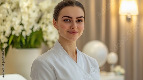 Professional beauty treatment at a luxury spa with an aesthetician performing a facial procedure in an elegant clinic, featuring soft lighting and a relaxing atmosphere. photo