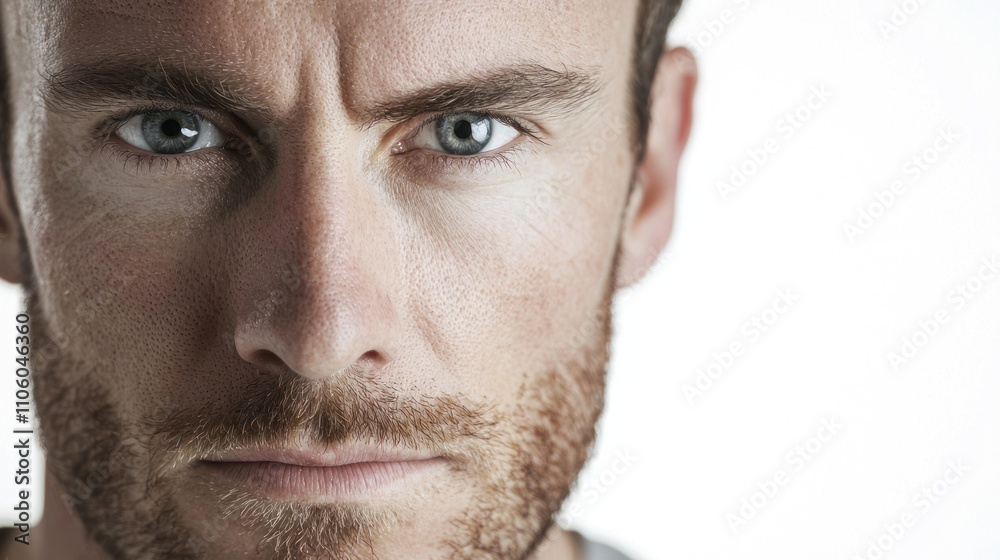 Fototapeta premium A close-up portrait of a man with striking features, highlighting his personality against a white background