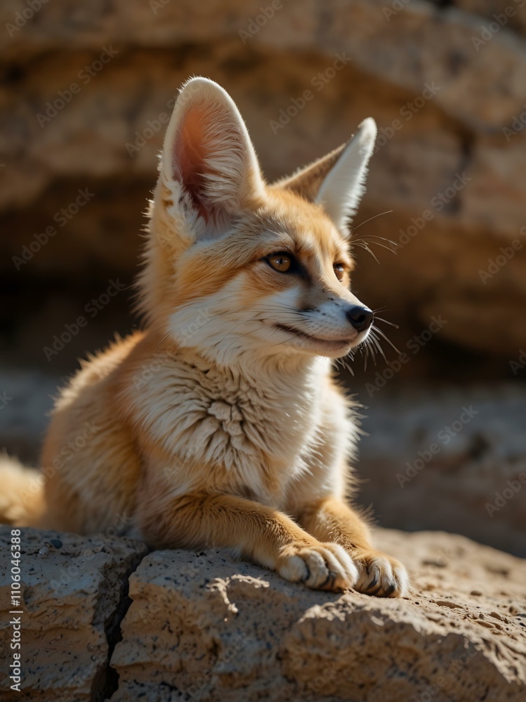 Fototapeta premium Fennec fox portrait relaxing on a stone.