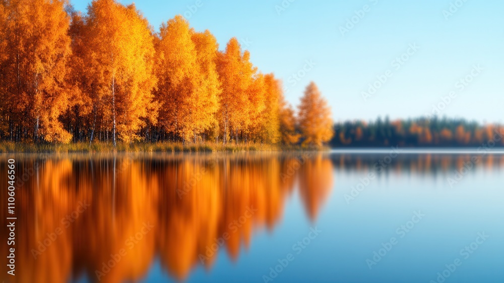 A serene lake reflects vibrant autumn trees, showcasing a stunning display of orange foliage against a clear blue sky. A serene lake reflects vibrant autumn trees, showcasing a stunning display of orange foliage against a clear blue sky.
