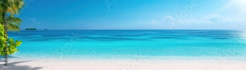 A serene beach scene featuring clear turquoise waters, soft white sand, and a bright blue sky, ideal for relaxation and vacation vibes.