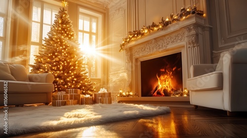 A cozy living room adorned for Christmas, featuring a beautifully decorated tree, a warm fireplace, and sunlight streaming through large windows.