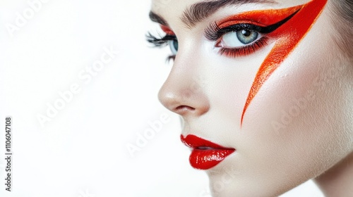 A close-up portrait of a woman with striking makeup, highlighting her beauty against a white background