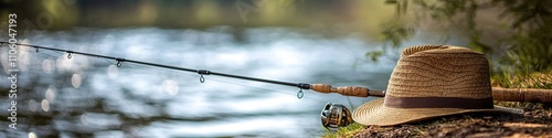 Fishing rod and straw hat by serene lake