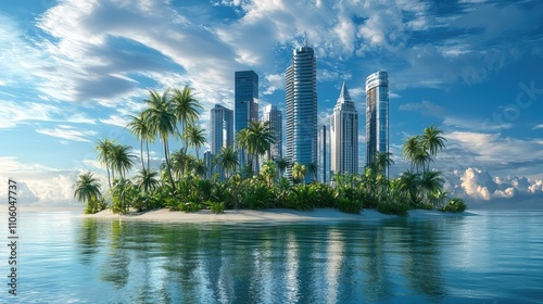 Futuristic Tropical Island Oasis with Lush Palm Trees and Sleek Modern Buildings Under a Sunny Sky Reflecting on Calm Ocean Waters photo