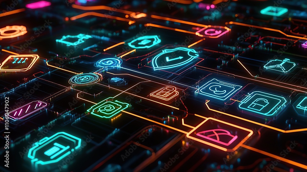 Abstract neon circuit board with security icons. Abstract neon circuit board with security icons.