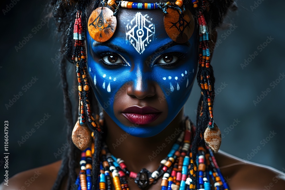 bold tribal face paint with African beauty and vibrant colors showcasing blue and orange contrast and artistic face paint bold tribal face paint with African beauty and vibrant colors showcasing blue and orange contrast and artistic face paint