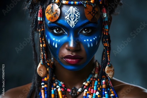 bold tribal face paint with African beauty and vibrant colors showcasing blue and orange contrast and artistic face paint