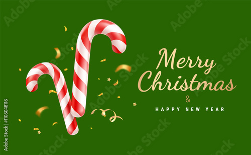 Vector illustration of realistic christmas candy cane on green background with golden confetti. 3d cartoon style design of red and white striped candy cane with text Merry Christmas and Happy New Year