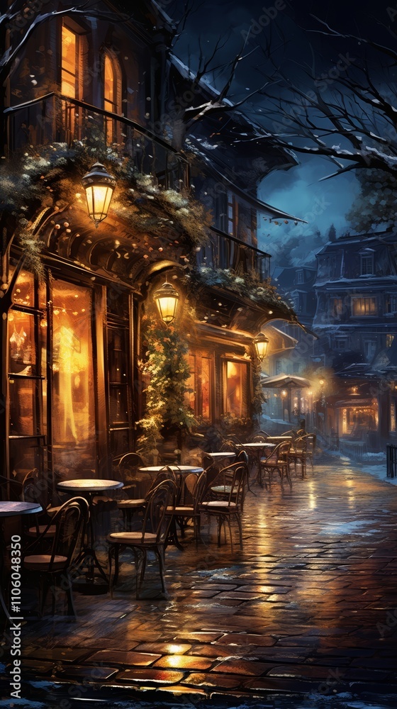 Fototapeta premium Charming Old Café on a Quiet Street at Night