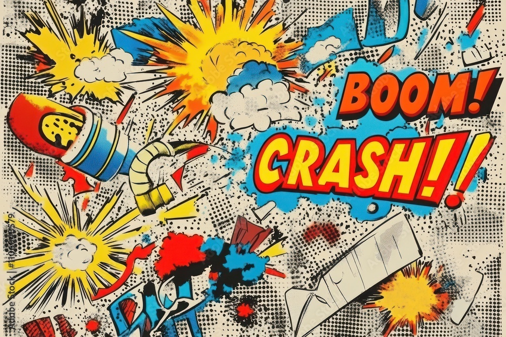 Obraz premium A dynamic comic-style illustration featuring explosive words like 
