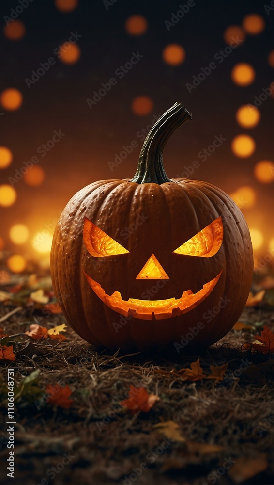Fototapeta premium Festive fall pumpkin character with glowing eyes.