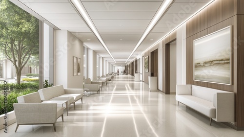 A sleek, white corridor in a modern medical building with high ceilings and strategic lighting, creating a serene and organized environment designed for both healthcare professionals and patients. photo