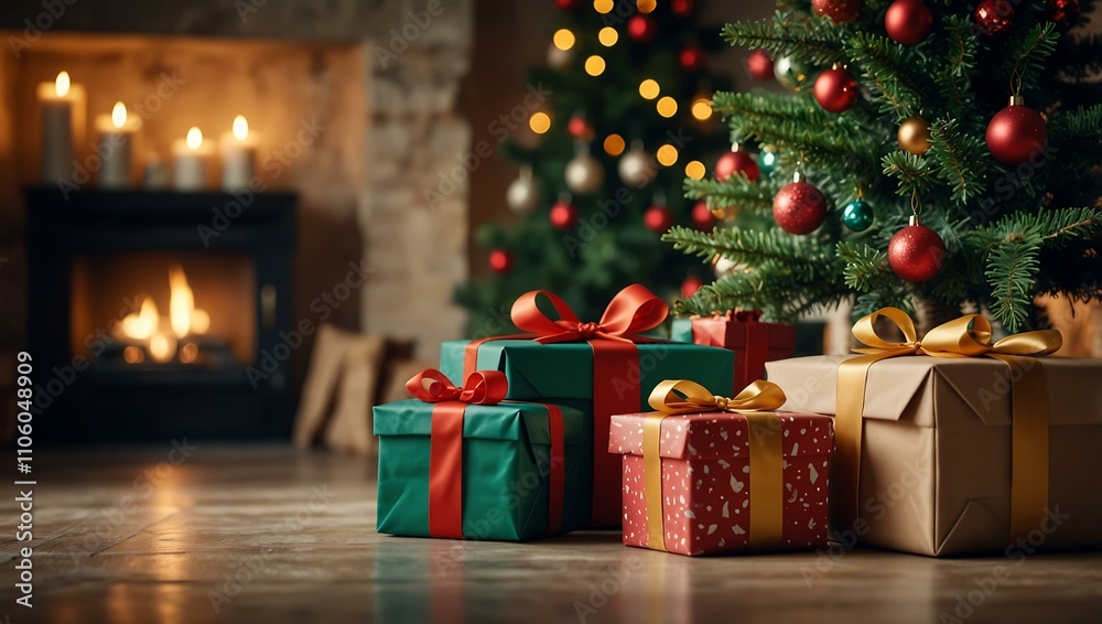 Festive home setting with wrapped gifts and Christmas tree. Festive home setting with wrapped gifts and Christmas tree.