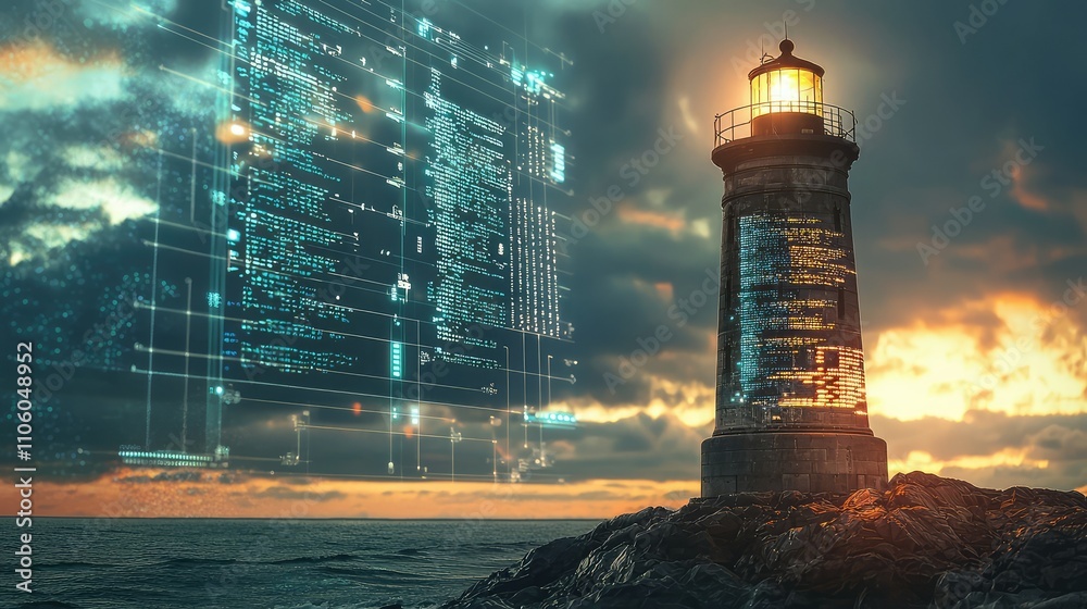 Obraz premium Captivating Old-Fashioned Lighthouse Amidst a Digital Landscape, Illuminated by Sunset, Blending Tradition with Modern Technology in Stunning Composition