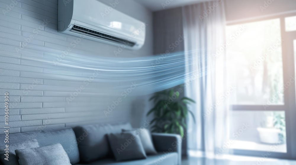 Modern Air Conditioner Vent Blowing Cool Air into Bright Living Room with Soft Furnishings and Natural Light Modern Air Conditioner Vent Blowing Cool Air into Bright Living Room with Soft Furnishings and Natural Light