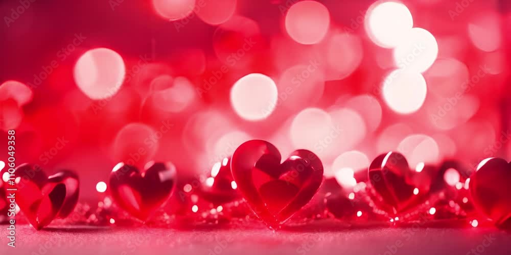 Iridescent glass red hearts for valentine's day. Love and romance illustration, heart greeting background for valentine's day, love, passion, 3d rendering, banner
