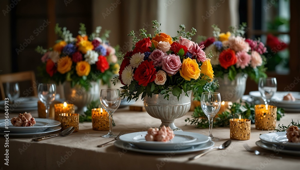 Festive table decorated with floral arrangements. Festive table decorated with floral arrangements.
