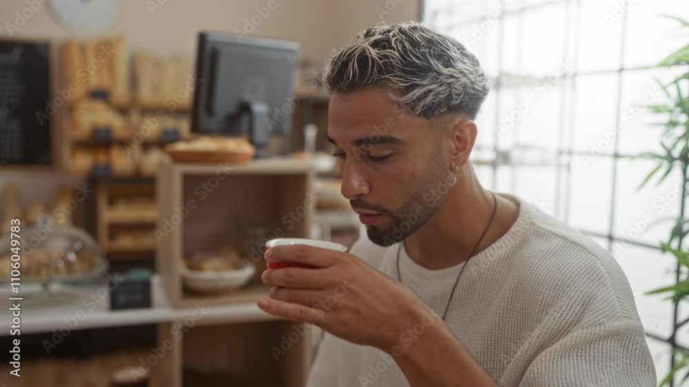 Young man enjoying his time in a bakery cafe, with a stylish interior and shelves filled with various baked goods, while engaging with his smartphone and sipping coffee. Young man enjoying his time in a bakery cafe, with a stylish interior and shelves filled with various baked goods, while engaging with his smartphone and sipping coffee.
