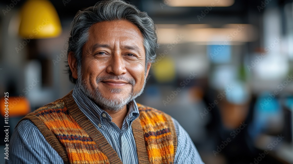 A smiling man in a colorful vest, seated in a modern office environment. A smiling man in a colorful vest, seated in a modern office environment.