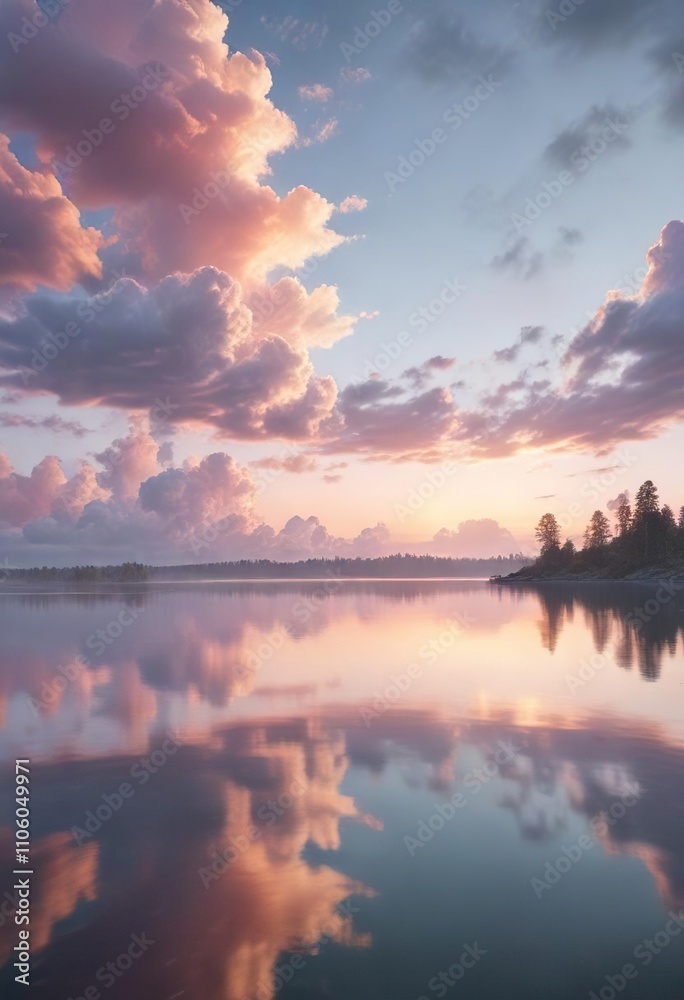 Stunning dawn sky with soft pastel clouds over lake, stunning, sky Stunning dawn sky with soft pastel clouds over lake, stunning, sky