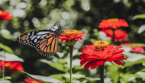 Close-up beauty of a red flower and monarch butterfly, showcasing the delicacy of nature.