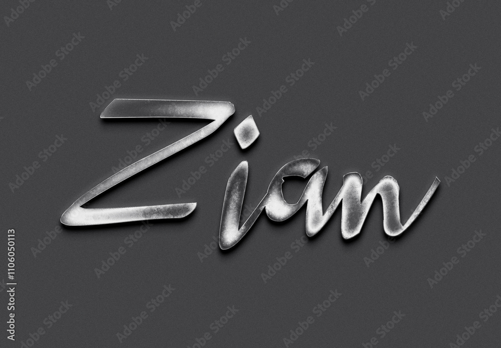 Chrome metal 3D Indonesian name design of Zian on grey background. Chrome metal 3D Indonesian name design of Zian on grey background.