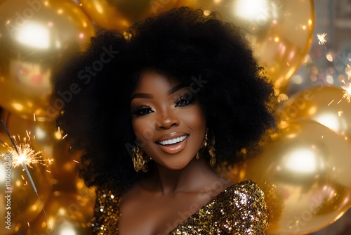 new year's celebration with a radiant smile and elegant black woman surrounded by golden balloons and festive atmosphere