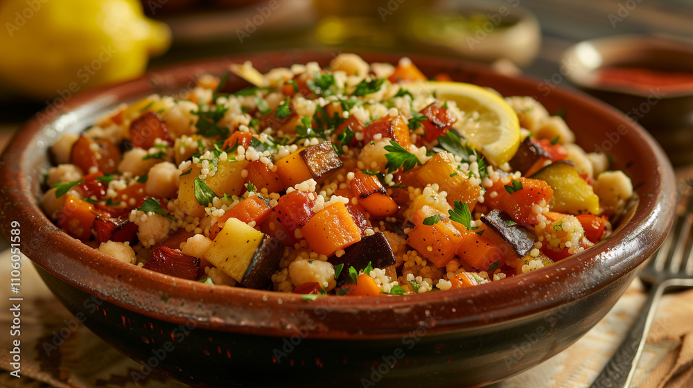Moroccan couscous salad with roasted vegetables and chickpeas Moroccan couscous salad with roasted vegetables and chickpeas