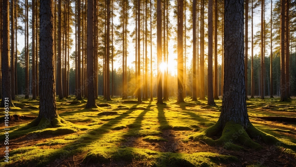 Fototapeta premium Serene Nordic Forest Bathed in Warm Sunlight and Gentle Shadows