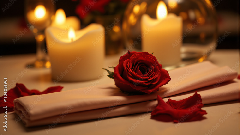 Romantic Dinner Table Setting with Candles and Roses Romantic Dinner Table Setting with Candles and Roses