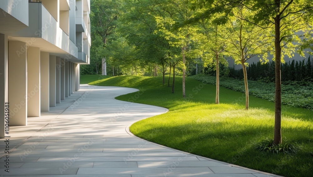 Naklejka premium Serene Urban Pathway Surrounded by Lush Greenery and Trees