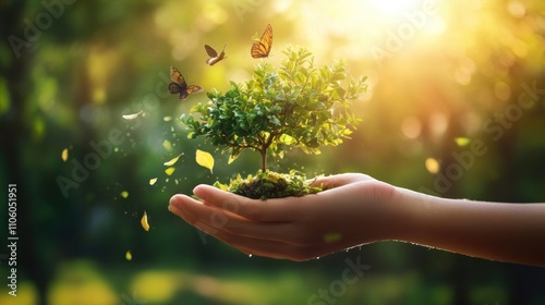 Small Tree Held Gently In A Caring Hand With Butterflies