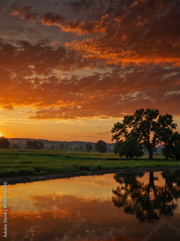 Fototapeta premium Fiery orange sun setting behind a calm landscape.