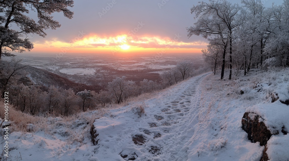 Naklejka premium A snowy landscape at sunset with a winding path and trees.