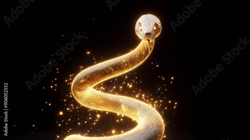 A golden snake wrapping around a glowing orb amidst a chaotic explosion of stars and galactic dust. The snake’s sleek and elegant on black background