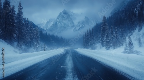 A snowy mountain road shrouded in mist, evoking a sense of solitude and adventure.