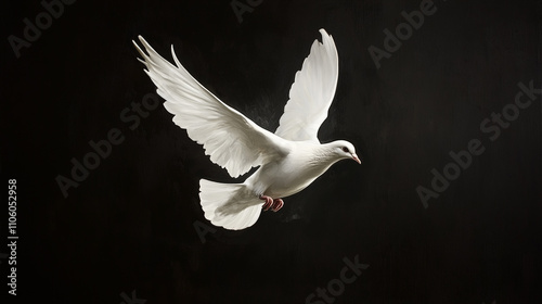 Beautiful white dove flying against black background photorealistic illustration