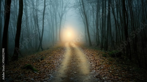 Mysterious Path in a Dark Forest Covered in Mist with Soft, Glowing Light Creating an Enigmatic Atmosphere at Dusk